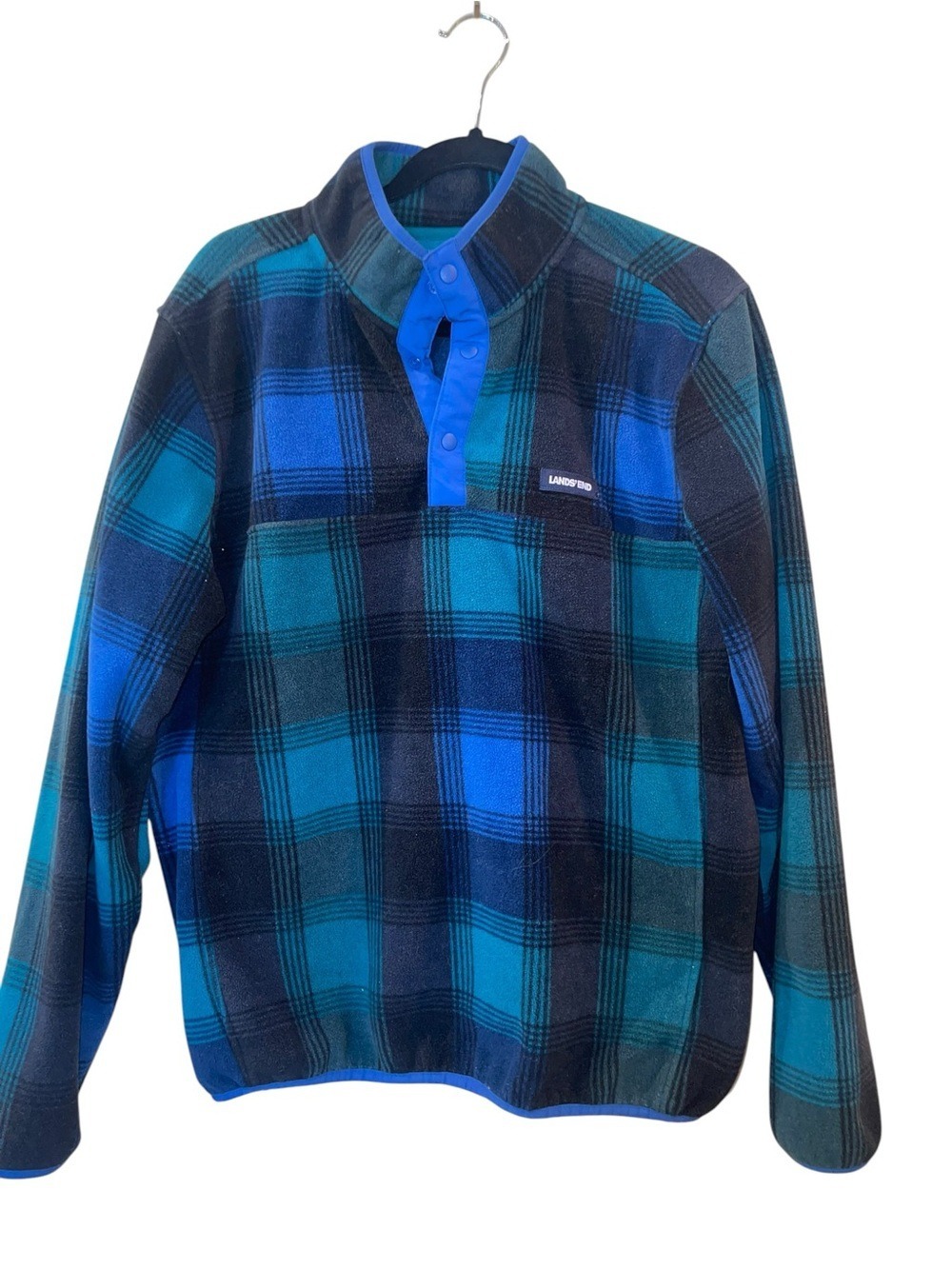 Lands' End Heritage Fleece Plaid Pullover Jacket Men's Medium 38-40 Blue